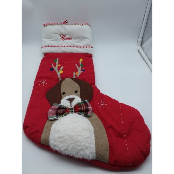 Pottery Barn Kids Coco Dog with Antlers Christmas Stocking Holiday Quilted Red - Picture 1 of 9